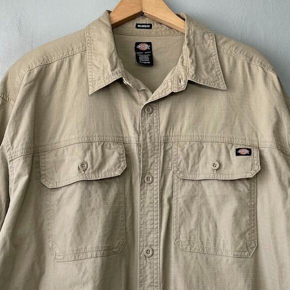 Dickies Mens Size XL Tan Khaki Button Up Ripstop Shirt Utility Workwear Casual - Picture 3 of 9